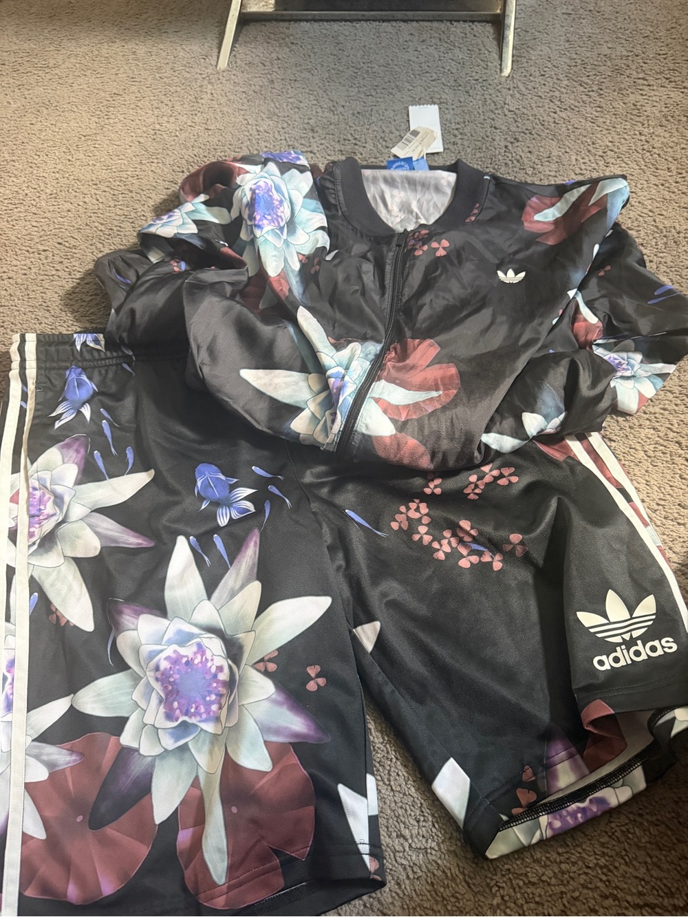 adidas Black Floral Women's satin jacket Short Set with Multicolor Blooms